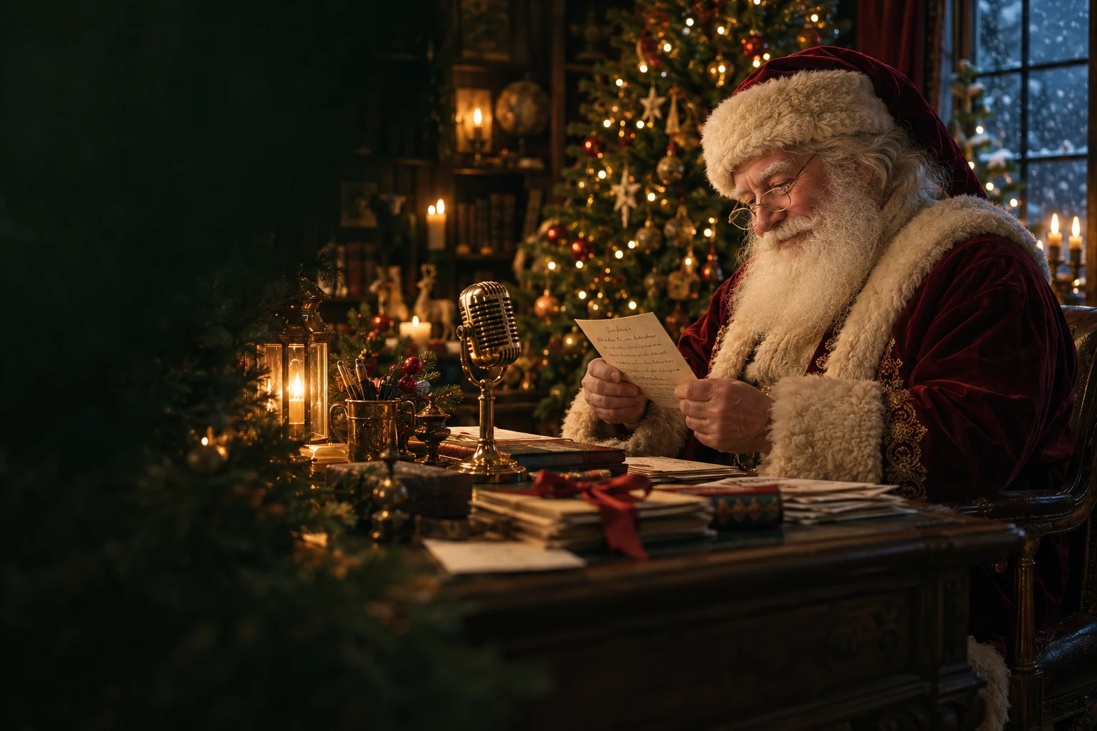 Father Christmas reading a letter beside a brass microphone in his warmly lit Christmas study.