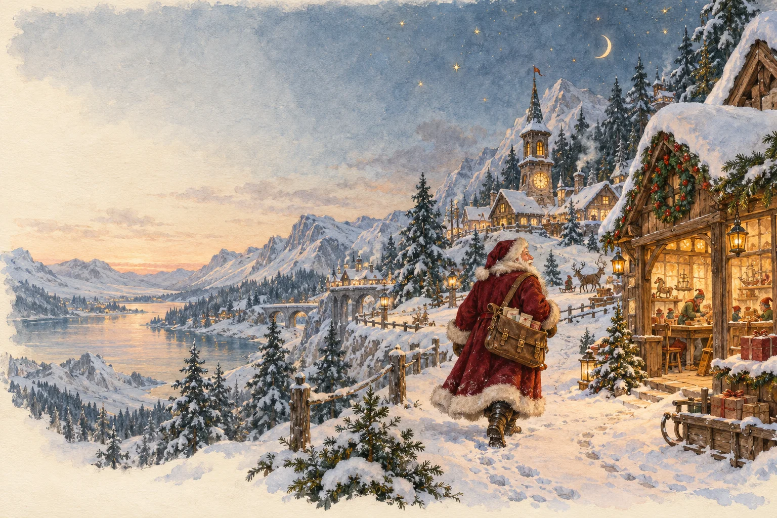 An original painted North Pole village with warm workshop windows and a snowy path.